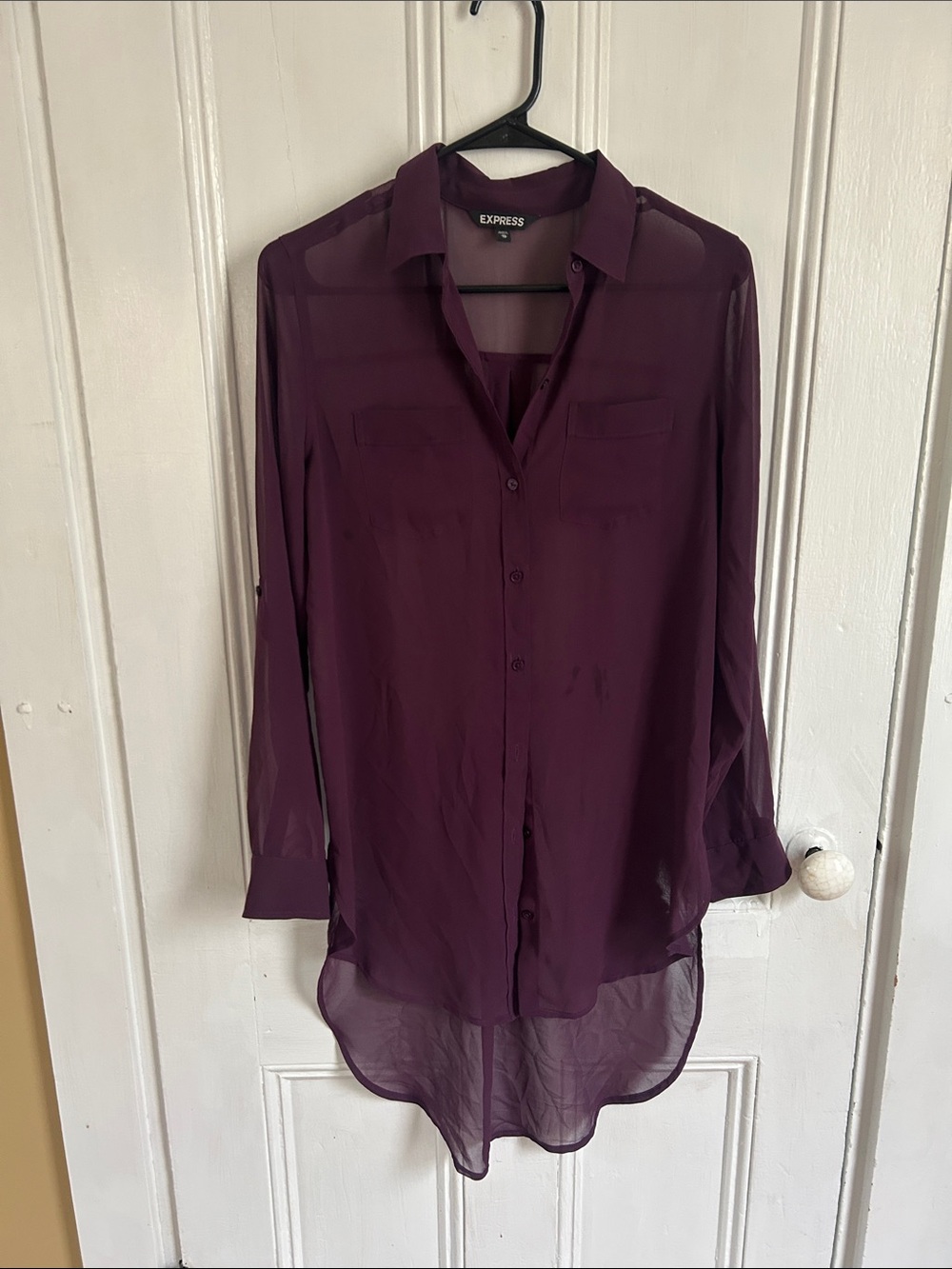 Express Sheer Longline Button-Down Tunic - Plum